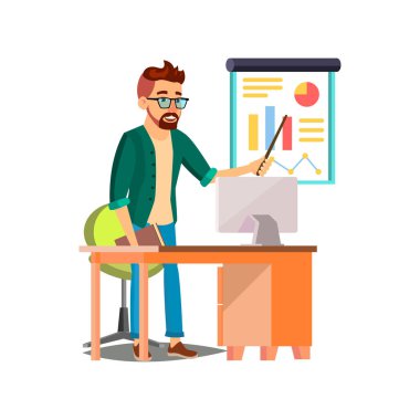 Genç adam yöneticisi karikatür vektörüyle ilgili sezonluk satış bilgilerini bildiriyor