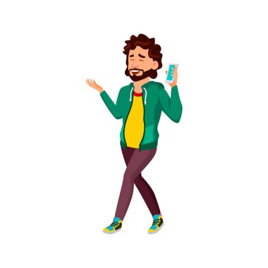 Pozitif duygu adamı akıllı telefondan şarkı dinliyor ve sokak çizgi filmi vektöründe yürüyor.