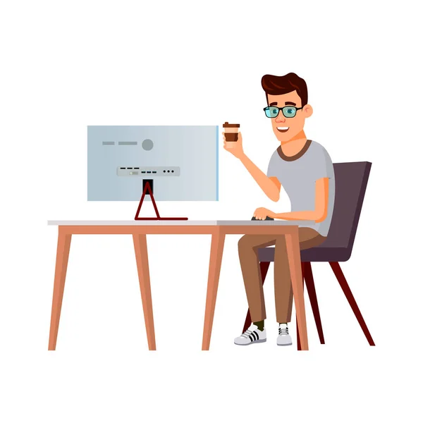 Jovem geek trabalhando no computador no início da manhã cartoon vector — Vetor de Stock