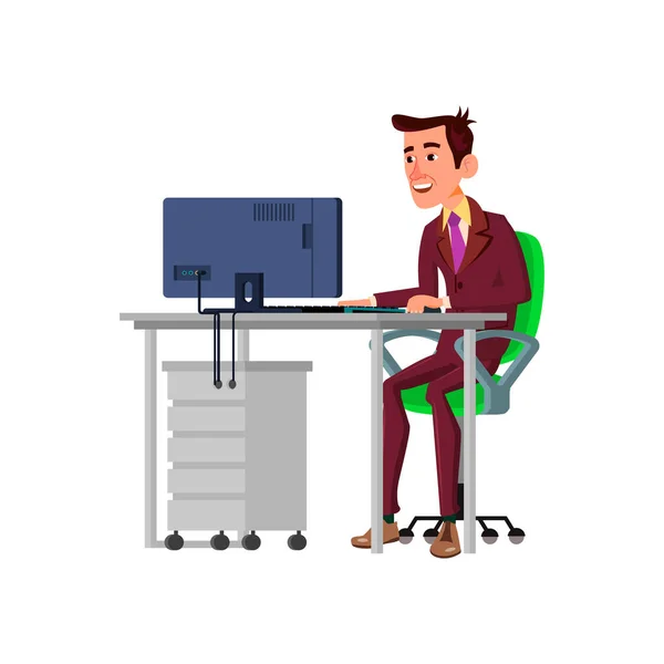 Sonriendo hombre elegante en línea comunicarse con el cliente en la computadora vector de dibujos animados — Vector de stock