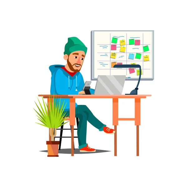 Sales manager man planning bedrijfsstrategie op notebook in kantoor cartoon vector — Stockvector