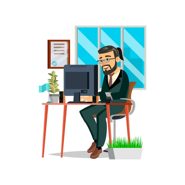 Hombre de negocios chico escribiendo mensaje en la computadora vector de dibujos animados — Archivo Imágenes Vectoriales