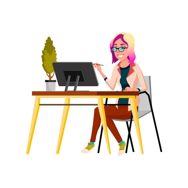 Creative Young Woman Drawing Digital Image Computer Cartoon Vector Creative — Stock Vector