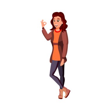 Giyim mağazası karikatür vektöründe arkadaş seçimini onaylayan hoş bir kadın. Kıyafet mağazası karakterinde arkadaş seçimini onaylayan hoş bir kadın. izole düz çizgi film çizimi