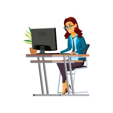 gülümseyen kadın, erkek arkadaşıyla bilgisayar karikatürü vektöründe iletişim kuruyor. Gülümseyen kadın, bilgisayar karakterindeki erkek arkadaşıyla iletişim kuruyor. izole düz çizgi film çizimi