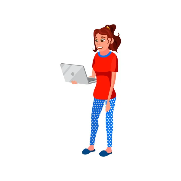 Glada Unga Kvinna Tittar Rolig Video Laptop Tecknad Vektor Glad — Stock vektor