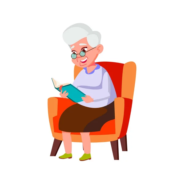 Happy Elderly Lady Sitting Living Room Armchair Reading Interesting Book — Stock Vector