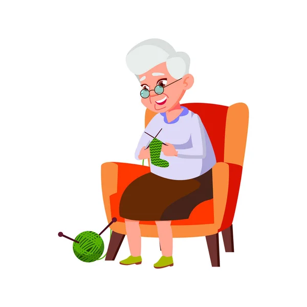 Anciana Abuela Tejiendo Calcetines Para Nieta Casa Vector Dibujos Animados — Vector de stock