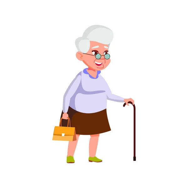 Glimlachende Senior Dame Loopt Straat Met Stok Zak Cartoon Vector — Stockvector