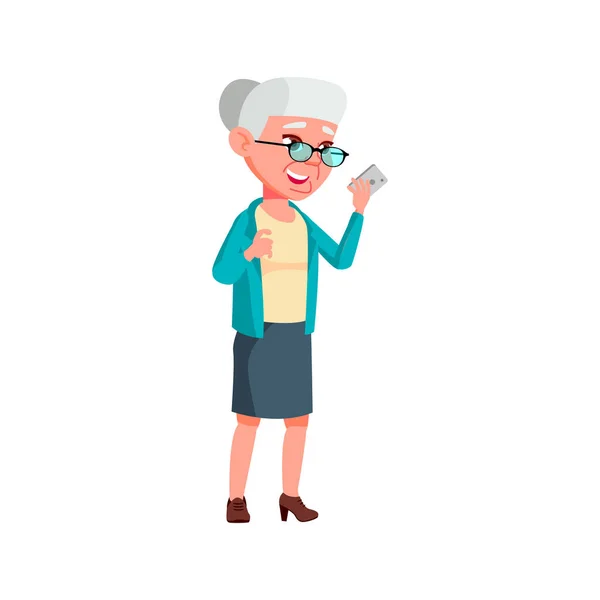 奶奶和孙子孙女在电话卡通人物上面对面 奶奶和孙子孙女在电话中的面对面时间 孤立的平面卡通画 — 图库矢量图片
