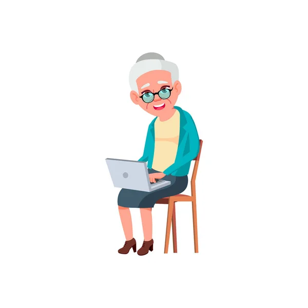 Elderly Lady Order Medicaments Online Laptop Cartoon Vector Elderly Lady — Stock Vector