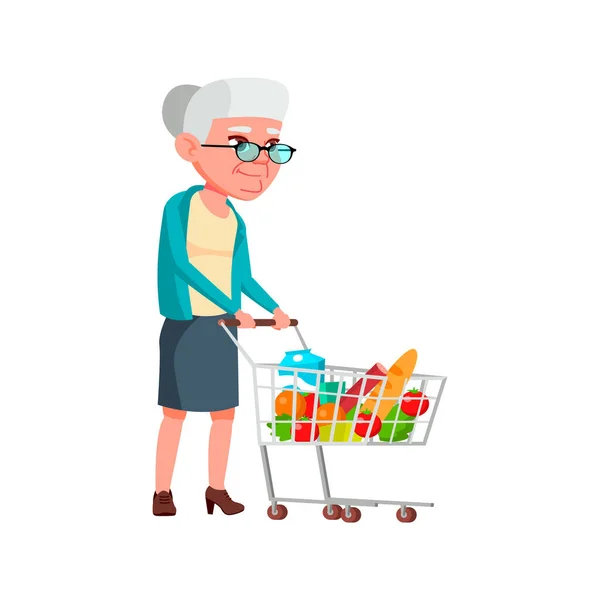 Elderly Lady Grocery Shopping Cart Cartoon Vector Elderly Lady Grocery — Stock Vector
