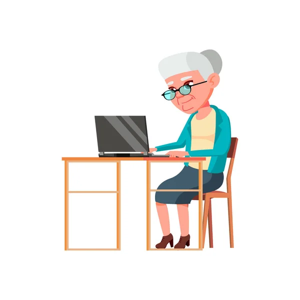 Volwassen Leeftijd Vrouw Kopen Online Goederen Laptop Cartoon Vector Volwassen — Stockvector