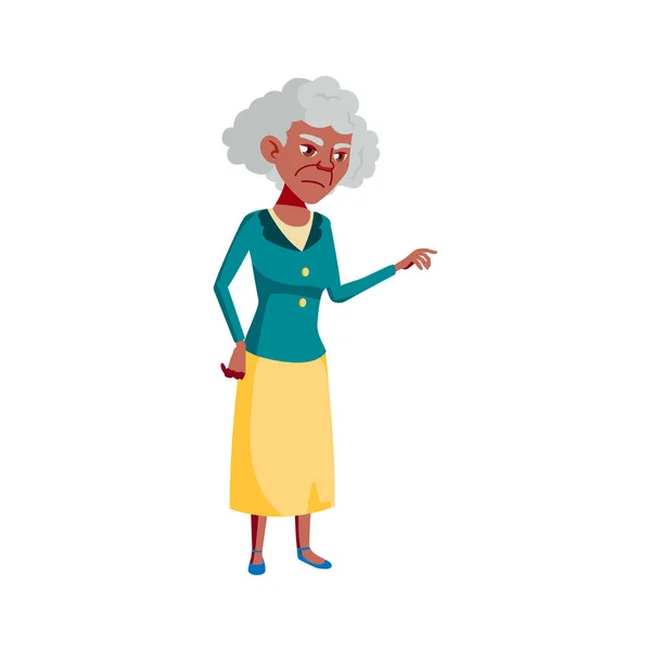 优雅的老年妇女与负面情绪推举按钮卡通人物 优雅的老年妇女与负面情绪推举按钮字符 孤立的平面卡通画 — 图库矢量图片
