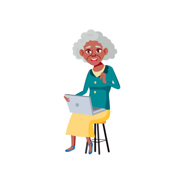 Anciana Mujer Africana Navegando Internet Vector Dibujos Animados Ordenador Anciana — Vector de stock