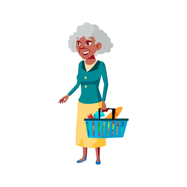 Mujer Edad Madura Celebración Cesta Con Productos Alimenticios Supermercado Vector — Vector de stock