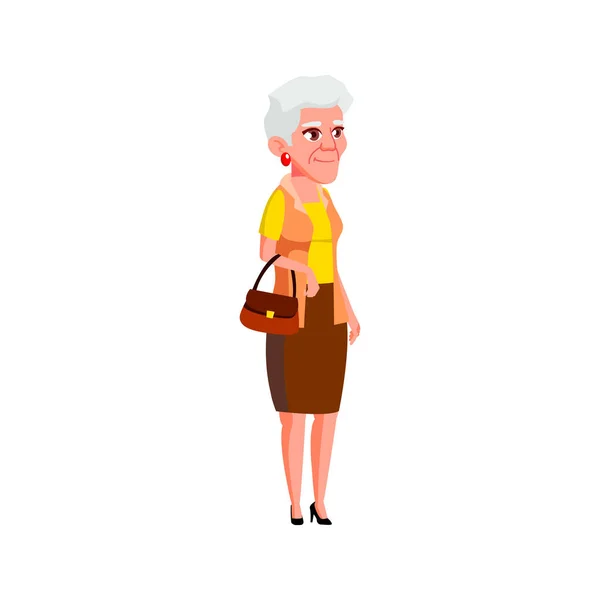 Aged Caucasian Lady Stylish Bag Walking Business Center Cartoon Vector — Stock Vector