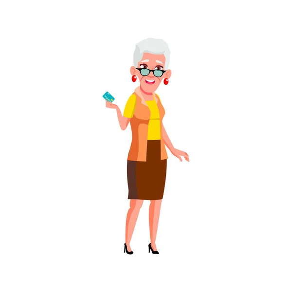 Old European Lady Payment Credit Card Shop Cartoon Vector Old — Stock Vector