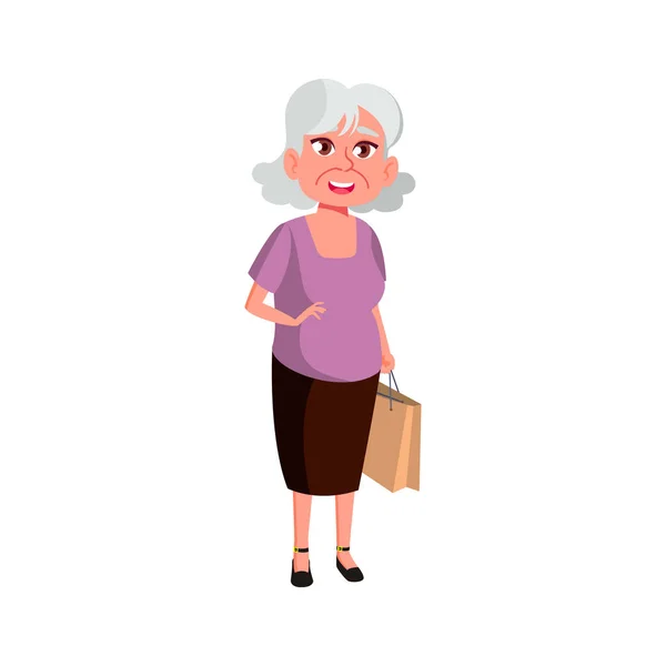 ブティック漫画のベクトルでヨーロッパの老婦人ショッピング ブティックキャラクターでヨーロッパの老婦人ショッピング 隔離されたフラット漫画のイラスト — ストックベクタ