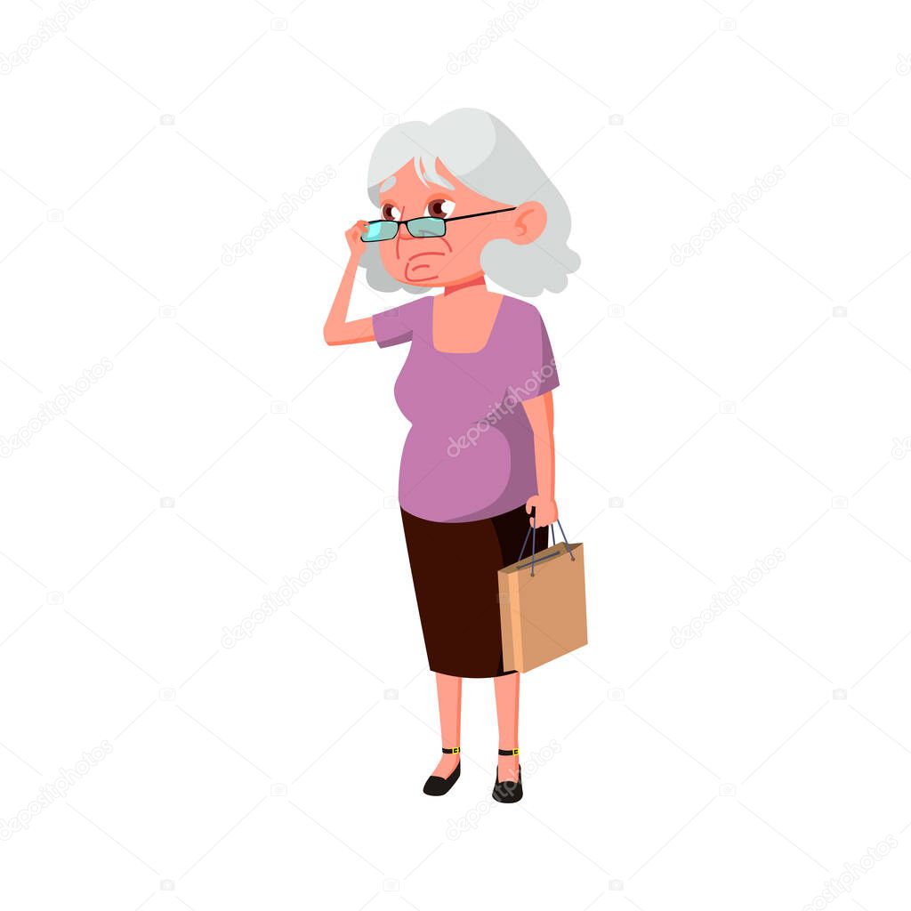 sad caucasian woman senior looking at high price in cosmetics store cartoon vector. sad caucasian woman senior looking at high price in cosmetics store character. isolated flat cartoon illustration