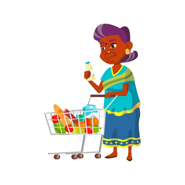Indische Oma Setzt Milchflasche Den Warenkorb Cartoon Vektor Indische Oma — Stockvektor