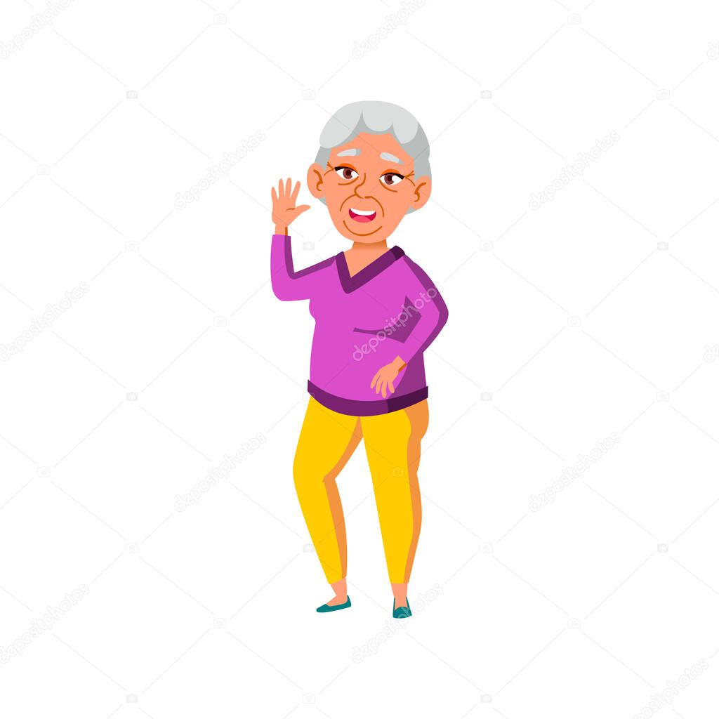 old asian woman welcoming friends on party cartoon vector. old asian woman welcoming friends on party character. isolated flat cartoon illustration