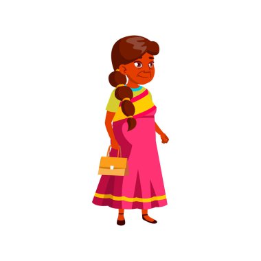 Hintli yaşlı kadın gökdelen terası çizgi film taşıyıcısı. Hintli yaşlı kadın gökdelen terası karakteri. izole düz çizgi film çizimi