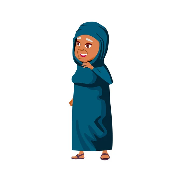 Glücklich Reifes Alter Arabische Frau Mit Blick Auf Hochgebirgs Cartoon — Stockvektor