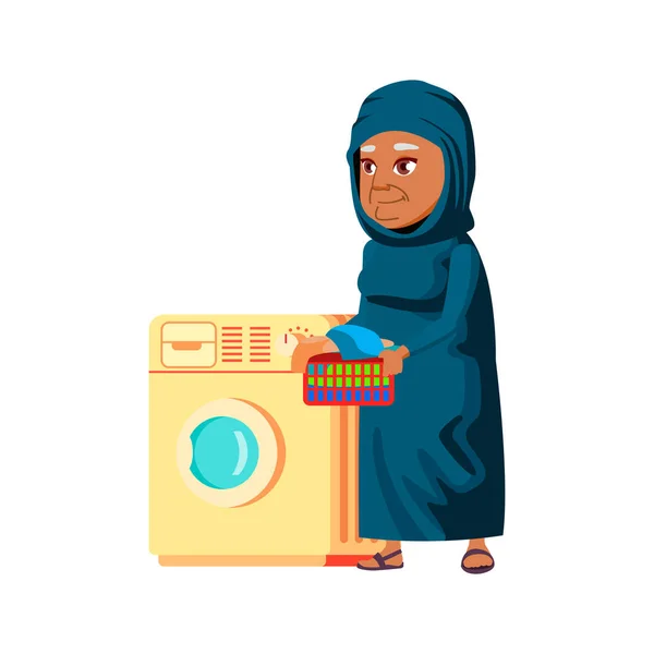 Mujer Anciana Islámica Lavando Ropa Lavadora Vector Dibujos Animados Mujer — Vector de stock