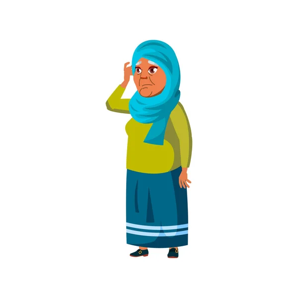 Anciana Dama Islámica Pensando Cómo Resolver Problema Vector Dibujos Animados — Vector de stock