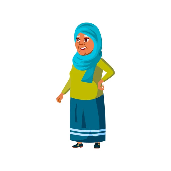 Happy Arab Old Lady Speaking Sales Manager Store Cartoon Vector — Stock Vector