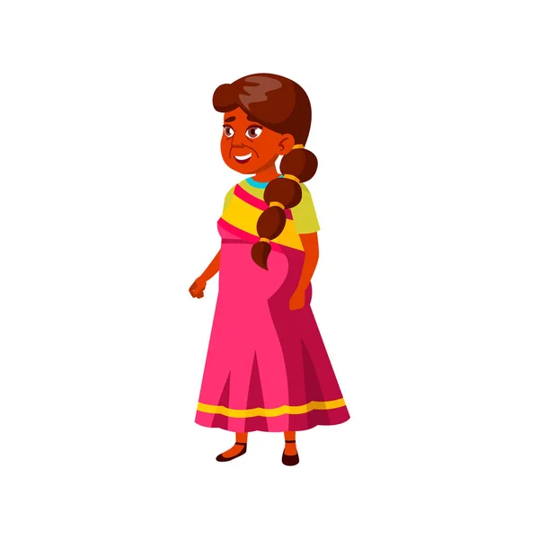 Mujer India Madura Edad Caminando Campo Flores Vector Dibujos Animados — Archivo Imágenes Vectoriales