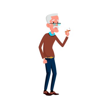 Yetişkin bir adam arka bahçede sigara içiyor. Yetişkin bir adam arka bahçede puro içiyor. izole düz çizgi film çizimi