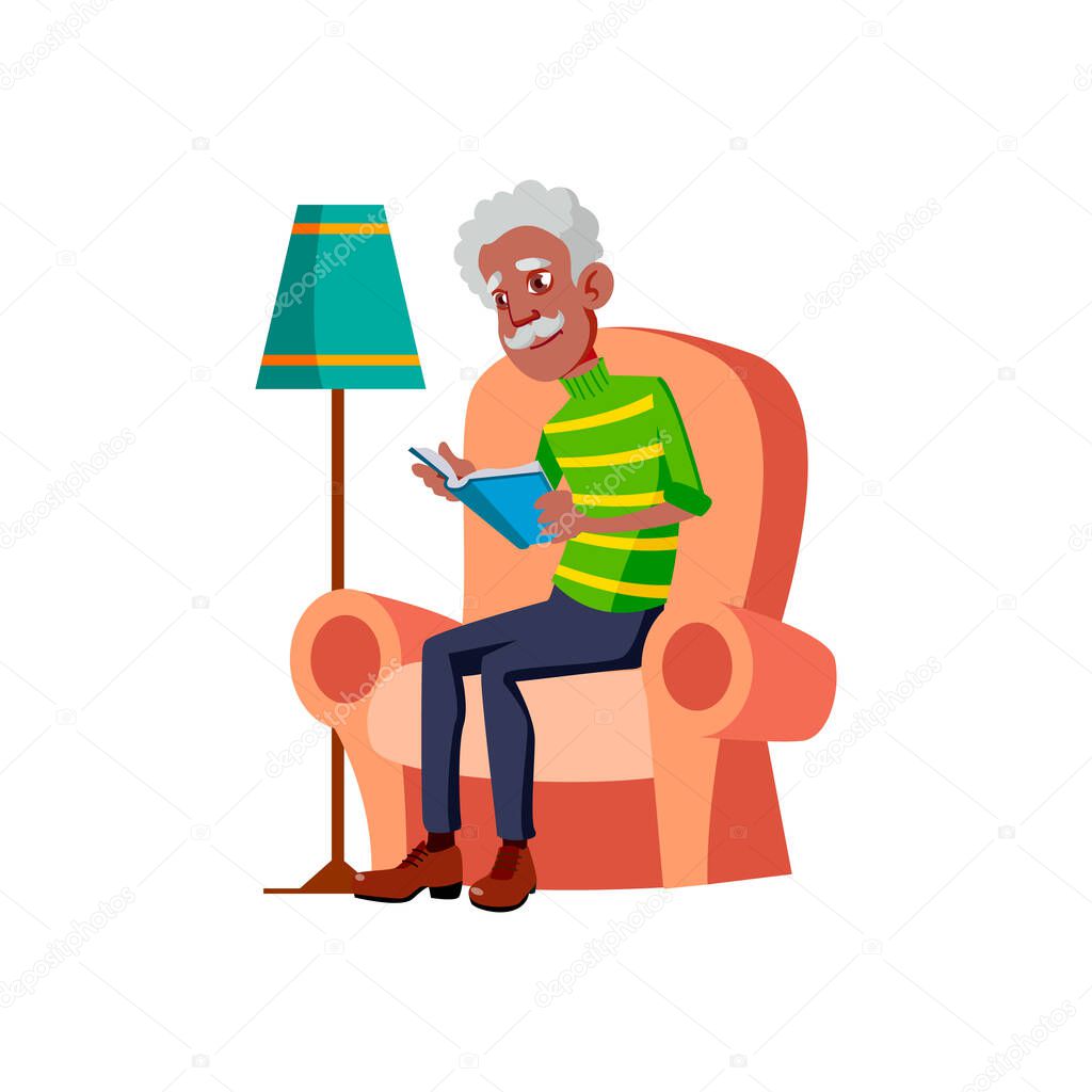 african man pensioner reading book in living room cartoon vector. african man pensioner reading book in living room character. isolated flat cartoon illustration