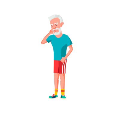 Üzgün adamın diş ağrısı karikatürü vektörü var. Hüzünlü emekli adamın diş ağrısı karakteri var. izole düz çizgi film çizimi