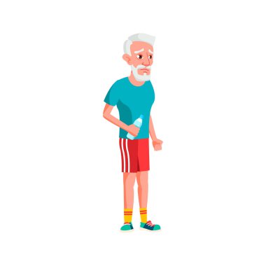 Antrenman odasındaki çizgi film vektöründe su şişesi olan olgun bir adam.