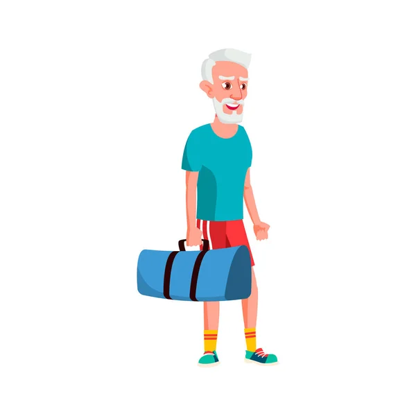 Feliz anciano con bolsa de deporte va a gimnasio vector de dibujos animados — Vector de stock