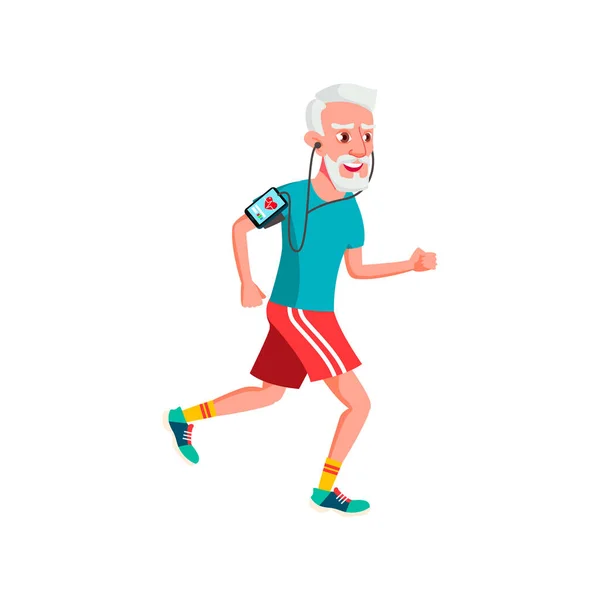 Old man running and checking heartbeat with device cartoon vector — Stock Vector