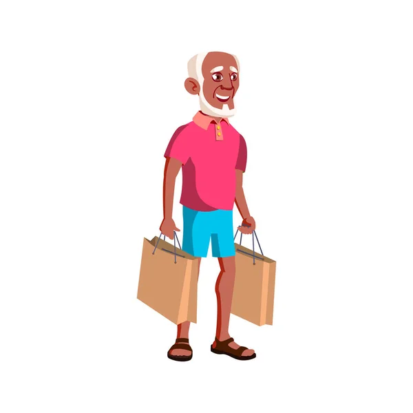 Vieil homme africain faisant du shopping dans le centre commercial vecteur de dessin animé — Image vectorielle