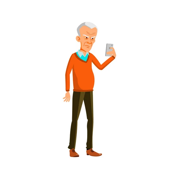 Gekke grootvader het lezen van e-mail op smartphone cartoon vector — Stockvector