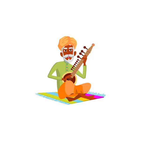Indián muž důchodce hrát na sitar karikatura vektor — Stockový vektor