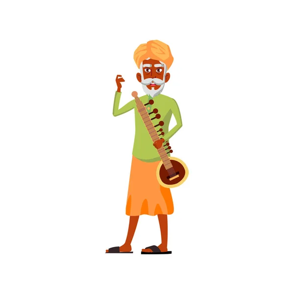 Åldrad indian man med sitar på konsert tecknad vektor — Stock vektor