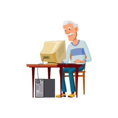 Asyalı yaşlı adam internette bilgisayar karikatür vektörü hakkında bilgi arıyor