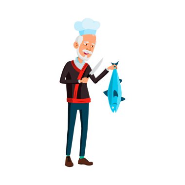 Koreli aşçı aşçı, mutfak çizgi filminde bıçak ve balık tutuyor.