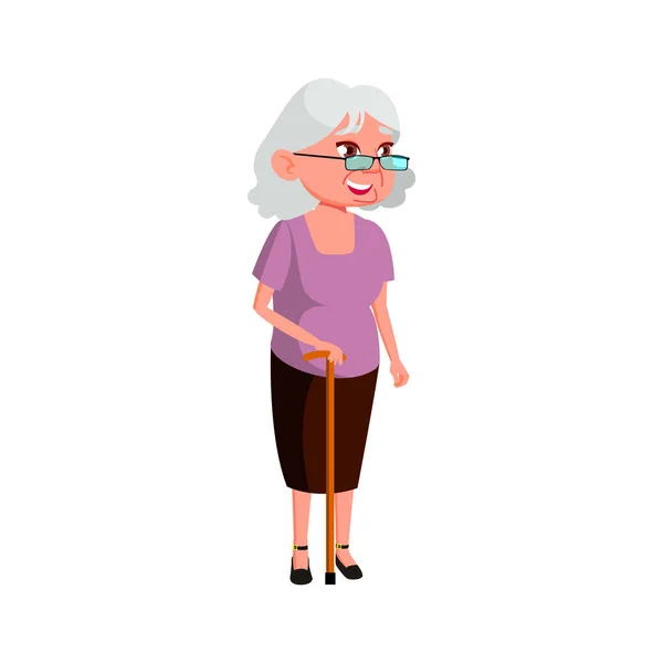 Alte Frau mit Stock zu Fuß auf der Straße der Stadt Cartoon-Vektor — Stockvektor