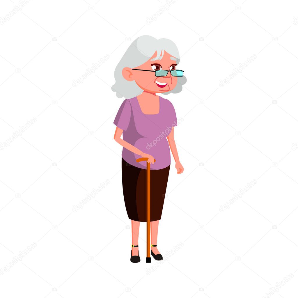 aged woman with stick walking on town street cartoon vector