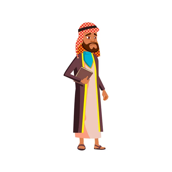 Hombre árabe serio con el libro de pie en la línea de la librería vector de dibujos animados — Vector de stock