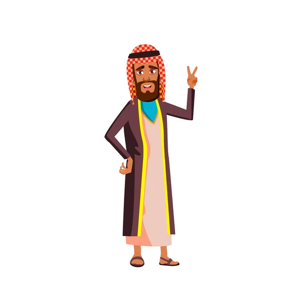 Árabe hombre gesto de paz en partido de dibujos animados vector — Vector de stock