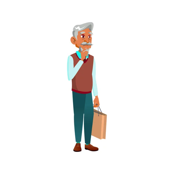 Hombre anciano reflexivo con bolsa de la tienda de pie en línea vector de dibujos animados — Archivo Imágenes Vectoriales