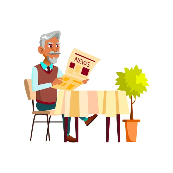 Latin senior man läser tidningen på kafé bord tecknad vektor — Stock vektor
